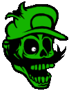 a green skull with a hat and a mustache on a white background .