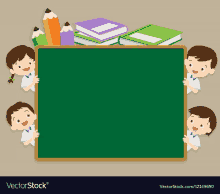 a group of children peeking out from behind a blackboard with books and pencils .