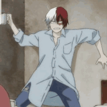 todoroki shouto from my hero academia is holding a flashlight while standing on a bed .