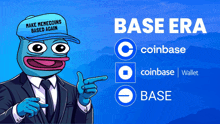 a blue frog wearing a make memecoins based again hat points