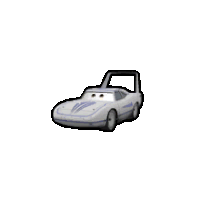 a cartoon drawing of a white car with a blue stripe on the side .