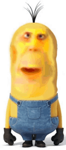 a yellow minion with overalls and gloves looks like a man