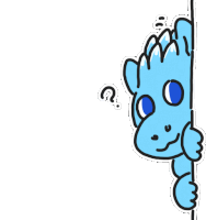 a cartoon drawing of a blue monster with a question mark above its head