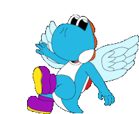 a blue cartoon character with wings is wearing purple boots