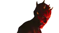 a close up of a demon with horns on his head