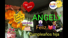 a birthday card for angely with flowers and cake