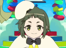 a girl with green hair wearing a white hat and a bow tie