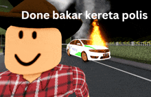 a roblox character with a cowboy hat stands in front of a burning police car that says polis a