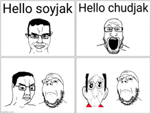 a drawing of a man with glasses and a beard says hello soyjak