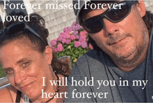 a man and a woman are posing for a picture with a caption that says forever missed forever loved