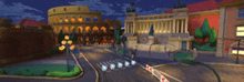 a blurry picture of a city at night with a building in the foreground