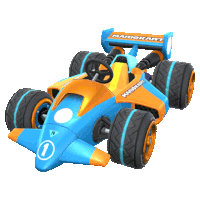 a blue and orange mario kart car with the number 1 on the front