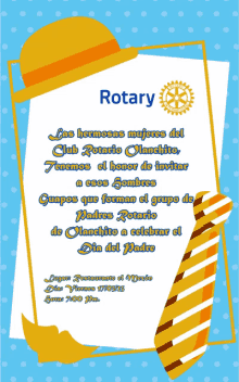 an invitation for a rotary event with a yellow hat and tie