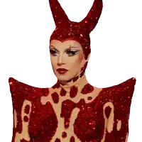 a woman wearing a red costume with a surprised expression on her face