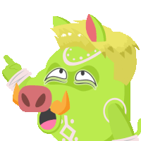 a cartoon drawing of a green boar with horns pointing at something