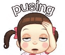 a cartoon girl is holding her hand to her forehead and says pusing .