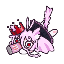a pixel art drawing of a cat wearing a crown and holding a can .