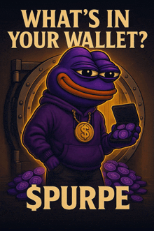 a poster with a purple frog holding a wallet and the words what 's in your wallet spurpe