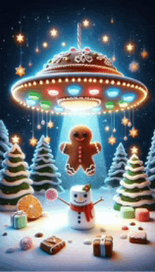 an illustration of a gingerbread man being taken by an ufo