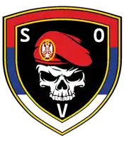 a skull wearing a red beret with the letters so and v on it