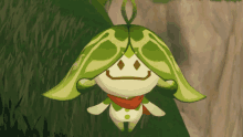 a cartoon character with green leaves on its head