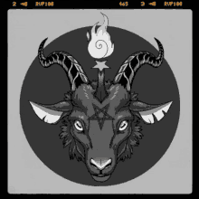 a black and white drawing of a goat with horns and a pentagram on its head