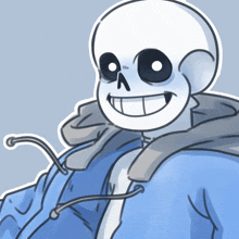 a drawing of a skeleton with a blue jacket on