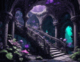 a staircase with purple flowers and mushrooms in a dark room