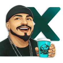 a man with a beard is holding a cup of coffee in front of a green x