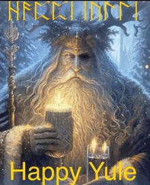 a painting of a man with a beard holding a candle with the words happy yule written below him