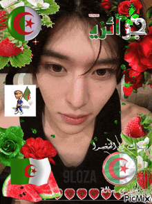 a man is surrounded by flowers and watermelon with a picture of a boy holding a flag that says algeria