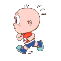 a cartoon character is running with a red shirt that says o on it