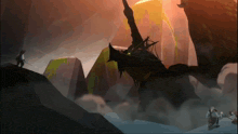 a painting of a man standing on a mountain looking at a large dragon