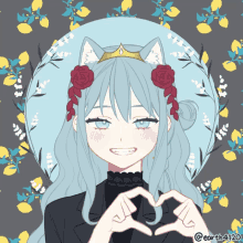 a drawing of a girl with a cat ear and a crown making a heart with her hands