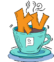 a cartoon drawing of a cup of coffee with the letter k and v coming out of it