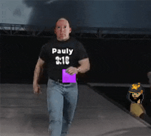 a man wearing a pauly 3:16 t-shirt walks down a runway