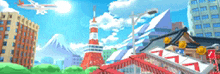 a cartoon drawing of a city with a plane flying overhead .