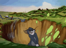 a cartoon cat is standing in a hole with a golf club in his mouth