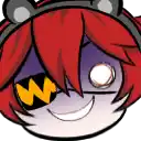 a cartoon character with red hair and a w on his eye is smiling .