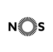 a black and white logo for nos with a circle of rays around the word nos .