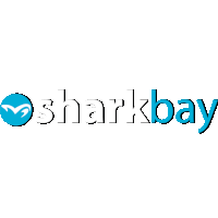 a blue and white logo for sharkbay with a heart in the middle