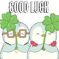 two penguins holding four leaf clovers and flowers with the words good luck below them