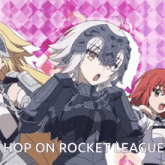 a group of anime characters with the words hop on rocket league on the bottom