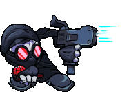 a cartoon character is holding a gun and shooting a ball .
