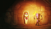 a cartoon drawing of a man holding a torch in front of a mummy