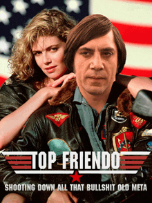 a movie poster for top friendo shows a man and a woman in front of an american flag