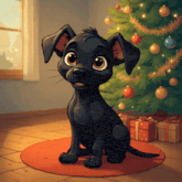 a black dog sits in front of a christmas tree