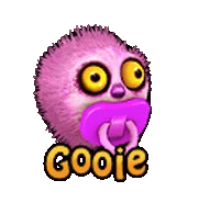 a pink cartoon character with a pacifier in its mouth and the name gooje .