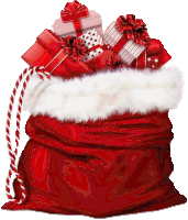 a red santa sack filled with gifts and candy canes