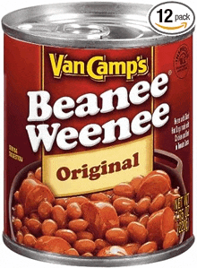 a can of van camp 's beanee weenee original beans in tomato sauce .